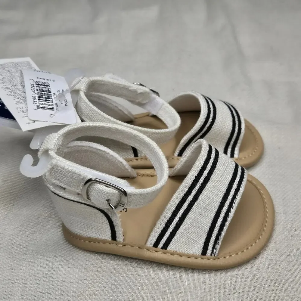 NWT BABY GAP White w/ Black Stripes and Tan Linen Sandals Size 3-6mo